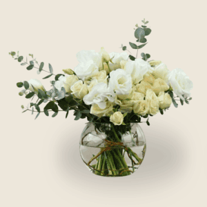 White and cream condolence flower arrangement in round vase