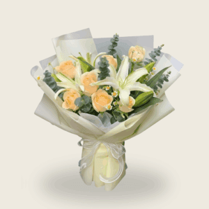 Handheld bouquet with cream roses, white lilies and eucalyptus