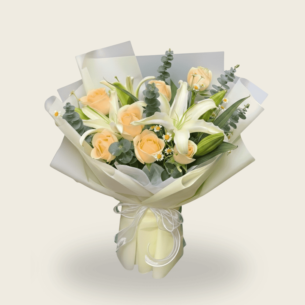 Handheld bouquet with cream roses, white lilies and eucalyptus