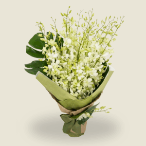 White orchid condolence bouquet with green wrapping