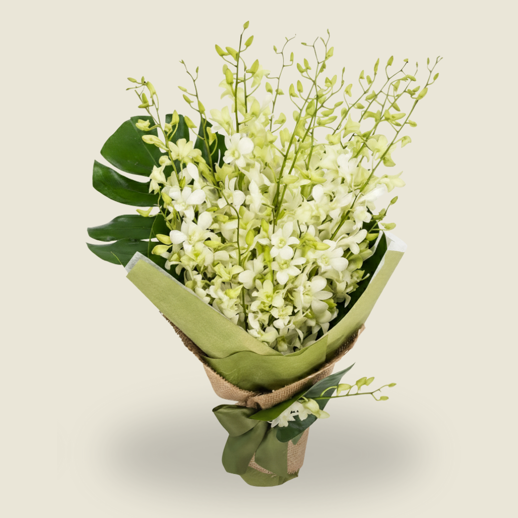 White orchid condolence bouquet with green wrapping