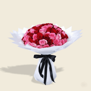 Handheld bouquet of red and pink roses in modern white wrap