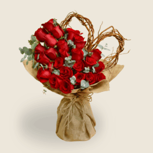 Rustic burlap bouquet of red roses with heart-shaped twig accents