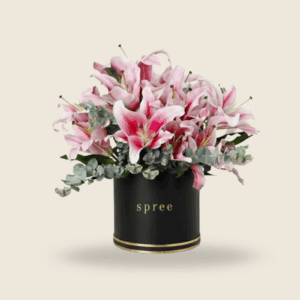 pink lily anniversary flower arrangement in white box