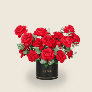 anniversary arrangement of red roses in white round box