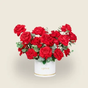 A striking mix of deep red roses and cool eucalyptus in a sleek white hatbox. Designed for anniversaries that call for a modern, statement-making declaration of love.