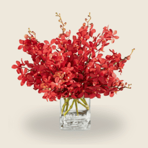 Vase arrangement of red orchids for modern floral gifting