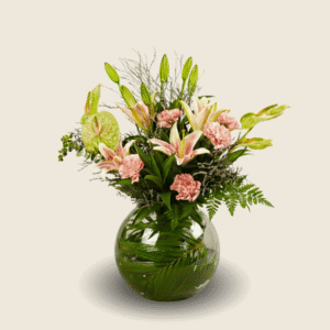Elegant vase arrangement of pink lilies, carnations, and green anthuriums
