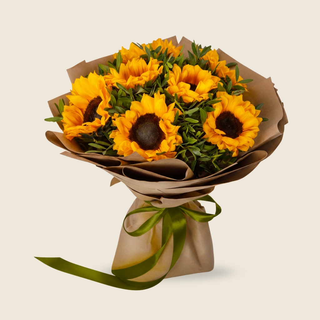 Sunflower bouquet tied with yellow ribbon