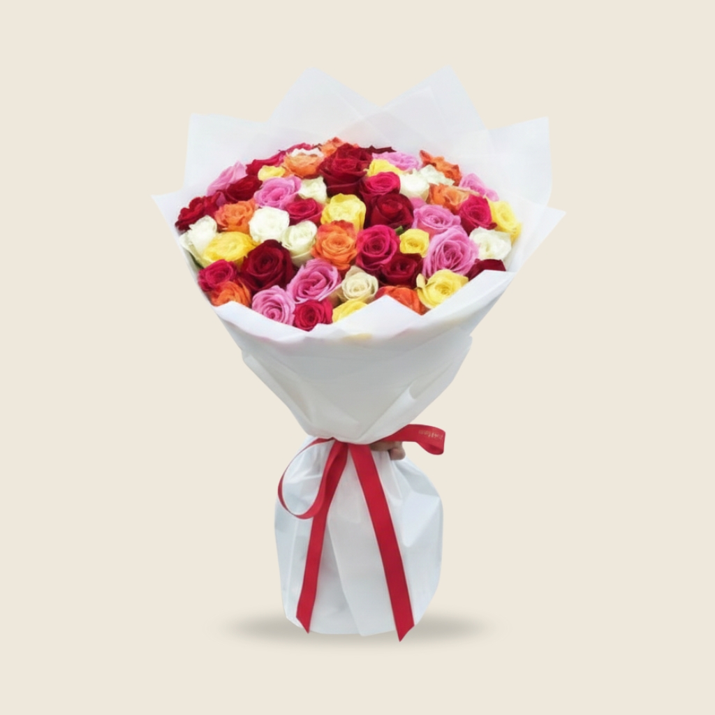 Large mixed roses bouquet in white wrapping